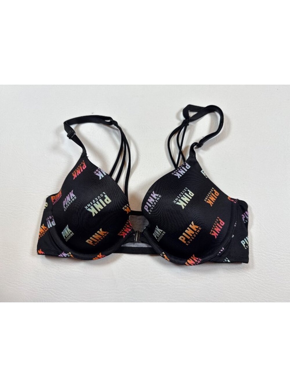 Victorias Secret PINK 34B Wear Everywhere Love Pink Black Logo Print Bra (R601)